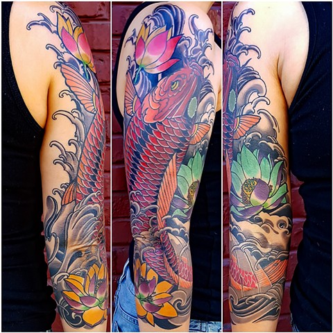 Koi fish and Lotus Flower Sleeve Tattoo by Custom Tattoos by Adam Sky, San Francisco, California
