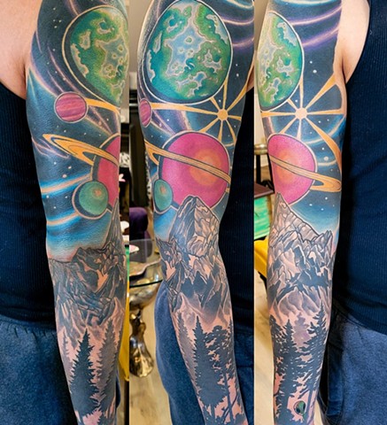 Space and Mountains Sleeve Tattoo by Adam Sky, Moringstar Tattoo, Belmont, Bay Area, California