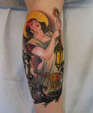 Chelsea's gypsy lamplighter tattoo by Custom tattoos by Adam Sky, San Francisco, California