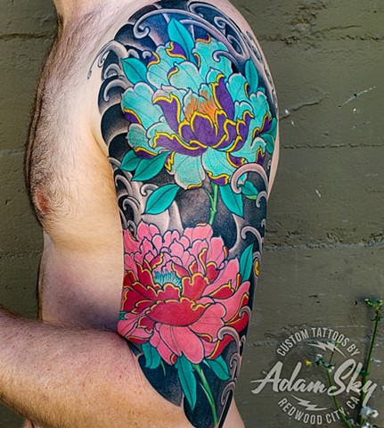 Peony Flower Half Sleeve Tattoo by Adam Sky, Redwood City, Bay Area, California