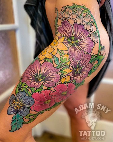 Flower Bouquet by Adam Sky, Morningstar Tattoo Parlor, Belmont, Bay Area, California