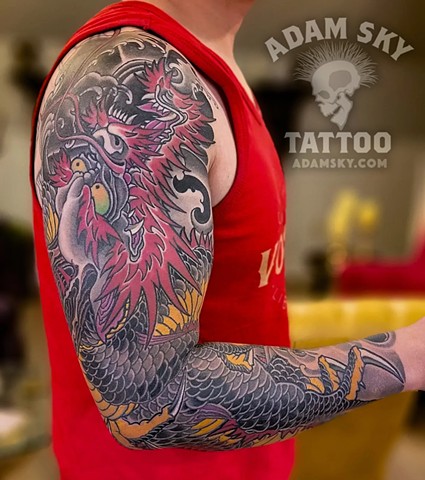 Dragon Sleeve by Adam Sky, Morningstar Tattoo Parlor, Belmont, Bay Area, California