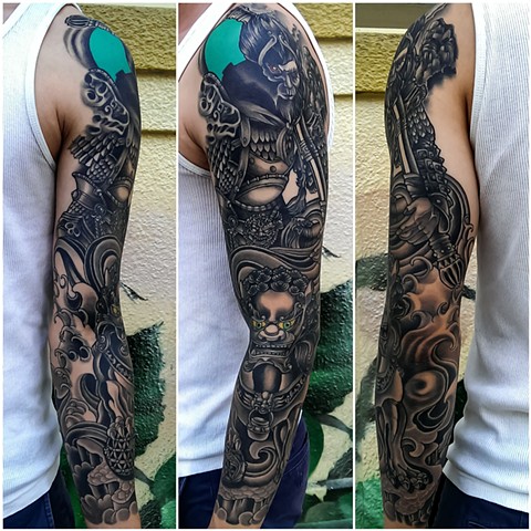 Monkey King and Foo Dog Sleeve tattoo by Custom tattoos by Adam Sky, San Francisco, California