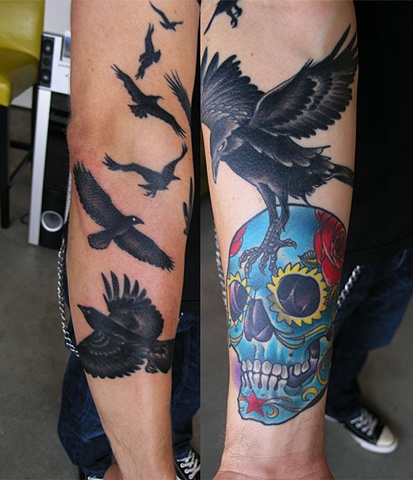 Sugar skull and ravens tattoo by Adam Sky, San Francisco, California