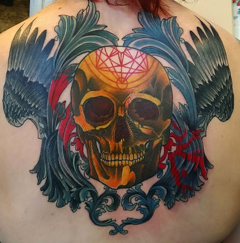 Skull with wings tattoo by Custom tattoos by Adam Sky, San Francisco, California