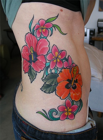 plumeria and hibiscus flowers tattoo by Custom tattoos by Adam Sky, San Francisco, California