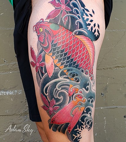 Red Koi and Japanese Maple Leaves Tattoo by Custom Tattoos by Adam Sky, Redwood City, California