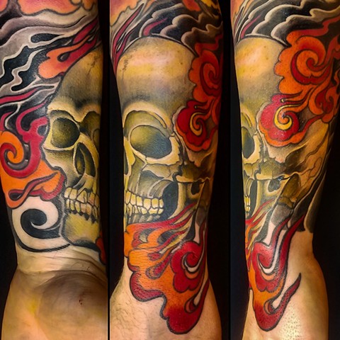 Skull and Flames Tattoo by Adam Sky, San Francisco, California