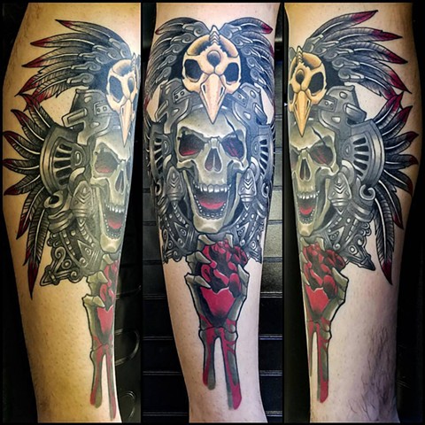 Aztec God of Death Tattoo by Adam Sky, San Francisco, California