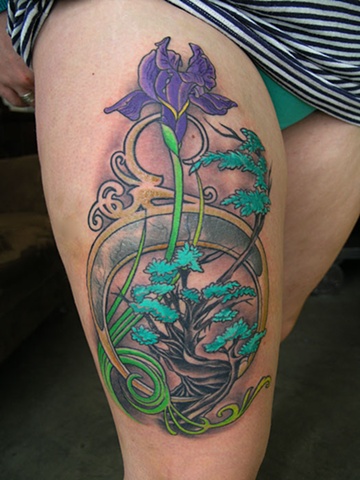 Art nouveua violet flower and tree tattoo by Adam Sky, San Francisco, California