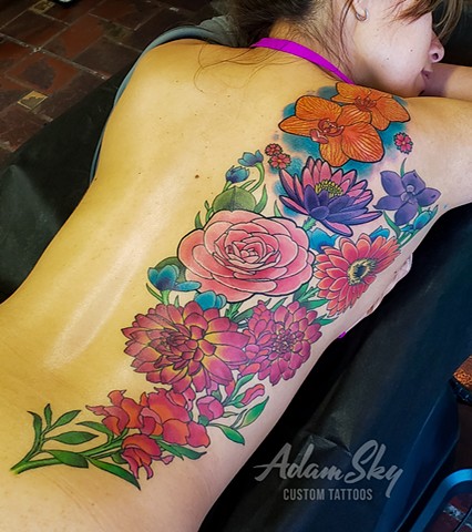 Flowers on Back Tattoo by Custom Tattoos by Adam Sky, Redwood City, California