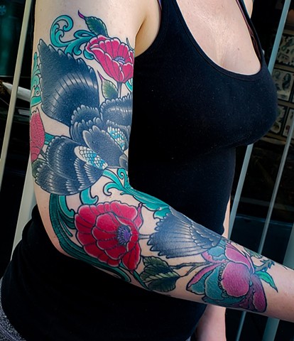 Magpies and Poppies Tattoo by Adam Sky, Hold Fast Studio, Redwood City, California