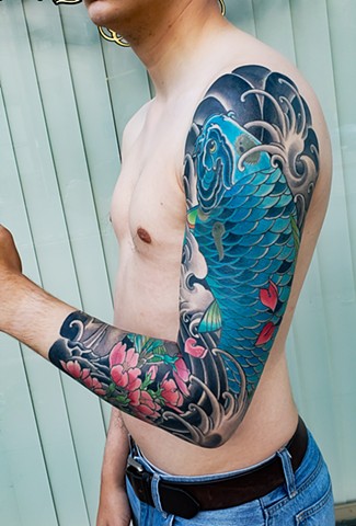 Blue Koi Fish Sleeve Tattoo by Adam Sky, Hold Fast Studio, Redwood City, Bay Area, California