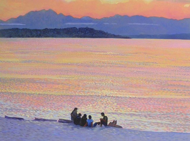 Alki, Seattle,group of people on the beach, painting by Patri O'Connor