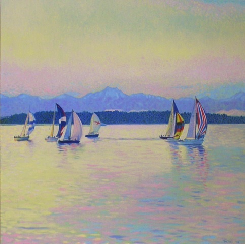 Inspired by song by Pearl Jam of same title, Regatta in the Puget Sound , Olympic Mountains with soft winter light, painting by Patri O'Connor                                                                   ri O'Connorri O'Connor