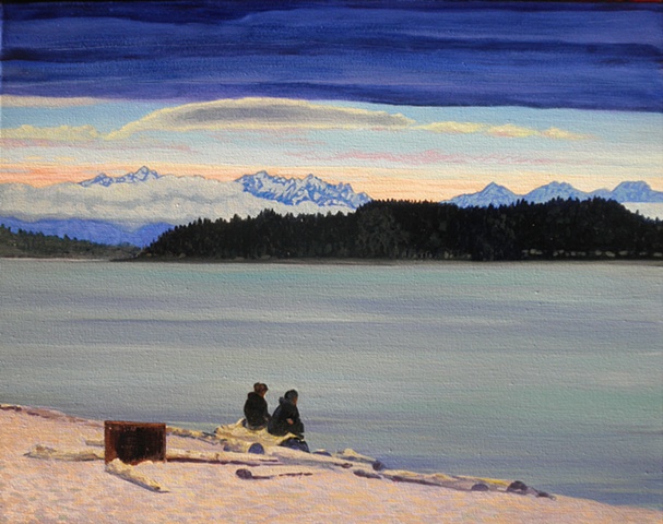 Olympic mountains ,couple,  Alki, Seattle painting by Patri O'Connor