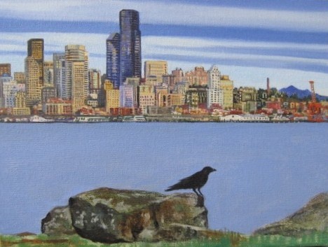Seattle sky line with crow