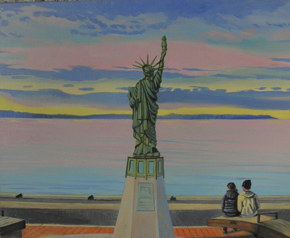 Alki's version of the Statue of Liberty, Seattle, vivid color, couples, painting by Patri O'Connor