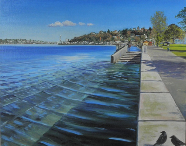 Alki Boardwalk with Crows, Seattle painting by Patri O'Connor