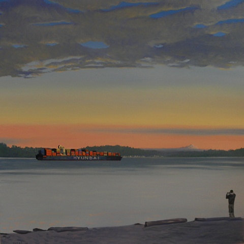 Hyundai container ship on the Puget Sound painting by Patri O'Connor