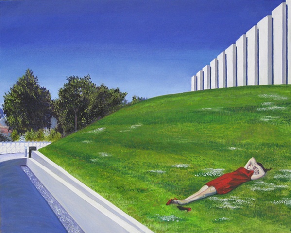 Seattle, Olympic Sculpture Park, woman taking a break.,the sun is out in Seattle, Painting by Patri O'Connor
