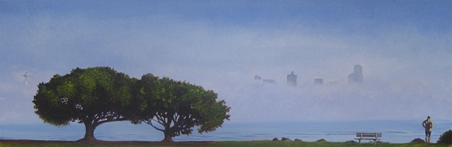 Seattle view obstructed by fog, dreamy, painting by Patri O'Connor
