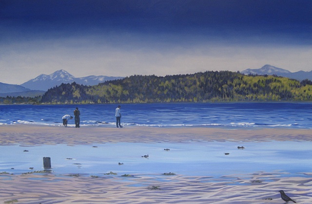 Three men on Alki Beach, painting by Patri O'Connor