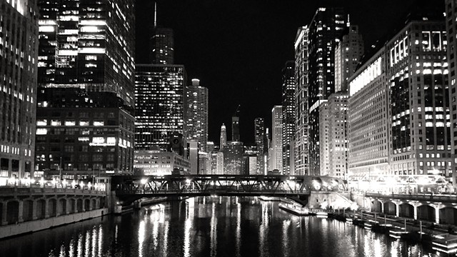 The Chicago River, Looking East from LaSalle Bridge at Night