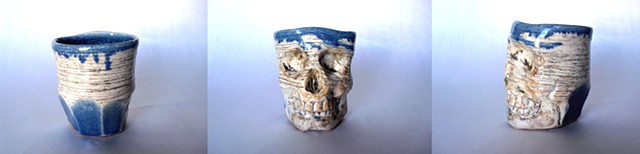 Skull Mug Blue Glaze w/striations and facets