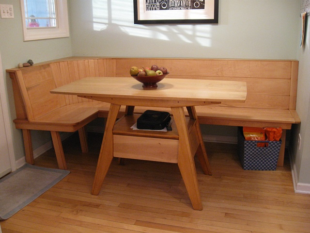Maple wood kitchen table and built-in bench seating