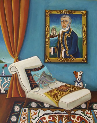 art , painting, catherine nolin,jack russell terrirer, sea sailing interior room painting, pink interior, paris, bouquet of flowers, chandelier