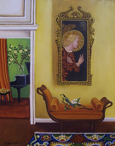 art, painting, catherine nolin, painting of angel, baby grand piano, interior painting, paintnig of a room