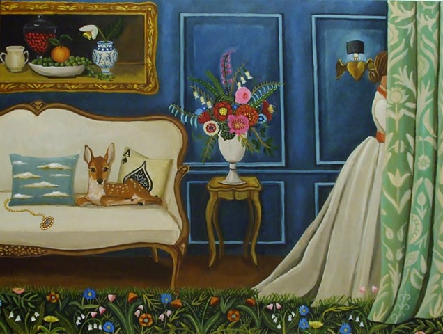 Interior Still Life painting, catherine nolin, art, painting, lover's eye, baby deer, room with a view, interior scene