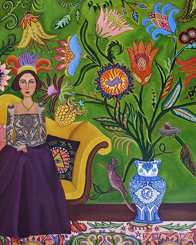 painting, catherine nolin, art, painting of room with vase and flowers