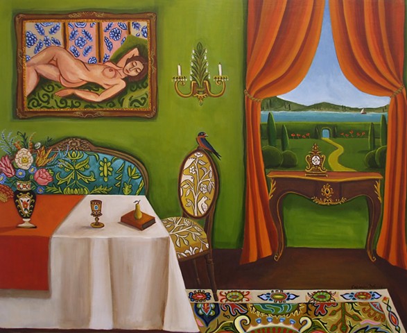 art, paintings by catherine nolin, interior scenes, rooms with a view, pink mansion