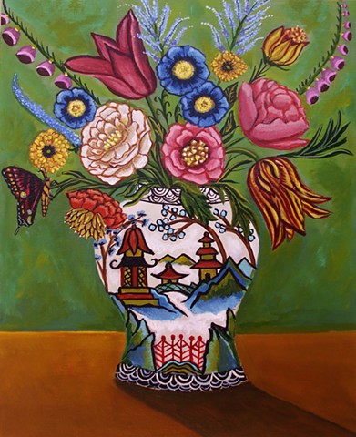 art, painting, catherine nolin, bird painting, botanical flowers, vase, chinoiserie