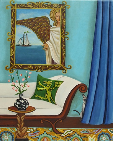 angel painting, sail boat, ocean, interior, room, sofa, catherine nolin