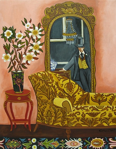 hat, top hat, catherine nolin, painting, art, pink, interior, sofa, couch