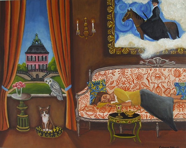 art, paintings by catherine nolin, interior scenes, rooms with a view, pink mansion