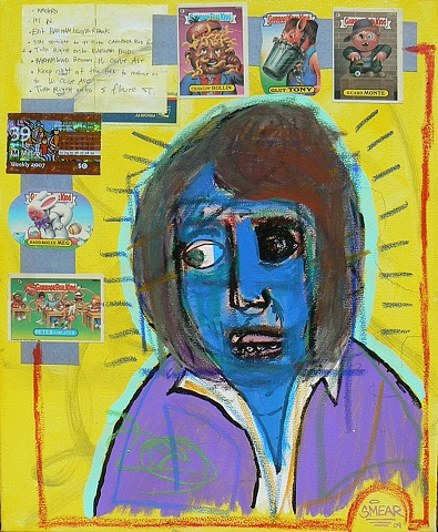 Painting of blue faced man with Garbage Pail Kids stickers along with hand written directions on how to get to an address in Burbank and a Metro weekly bus pass affixed to the background by Cristian Smear Gheorghiu