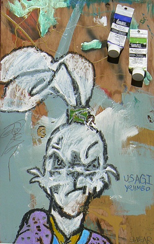 A painting of  Usagi Yojimbo, the Samurai Rabbit, with tubes of Liquitex acylic attached to the wood panel  by Cristian Smear Gheorghiu