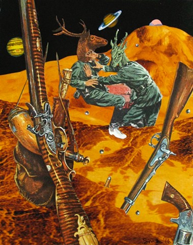 Boys will be boys. These two deer men engage in some hand to hand combat and leave the guns floating in space. Thankfully there's no gravity. analog collage collage-a-dada shawn marie hardy
