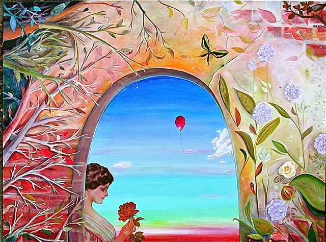 A beautiful Victorian woman admires the sunset and a rose from beyond the garden wall during dusk, while a red balloon makes its way to the stratosphere.