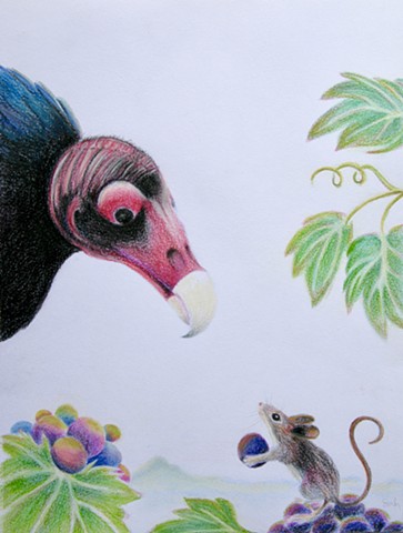 Drawing of Turkey Buzzard from the raptor center, and an Oregon Field Mouse in a Standoff with a wine grape as an offering of peace and mountains in the distance