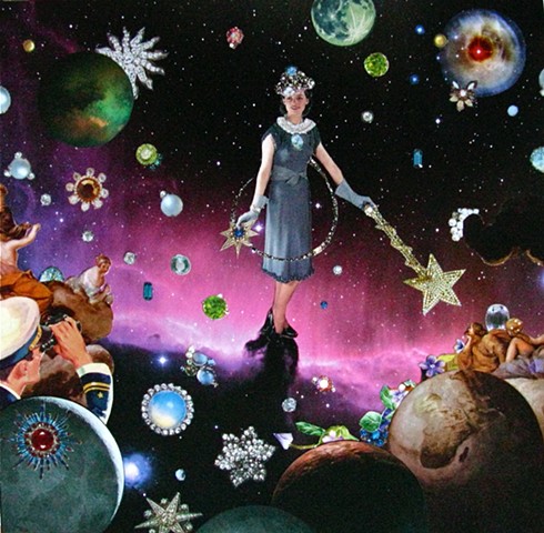 She twirls and swirls with stars and jewels in a purple universe far away. People love to watch her perform her magic. analog collage, surrealism, collage-a-dada, shawn marie hardy