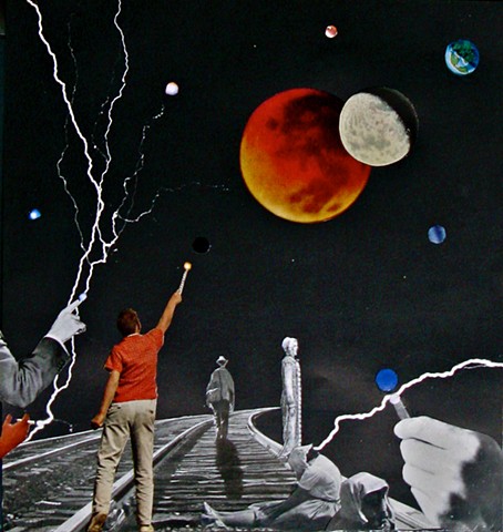 Make lightning with your fingers on this lonely stretch of train track in outer space where entranced people have nowhere to go. Analog collage, collage-a-dada, shawn marie hardy, surrealism