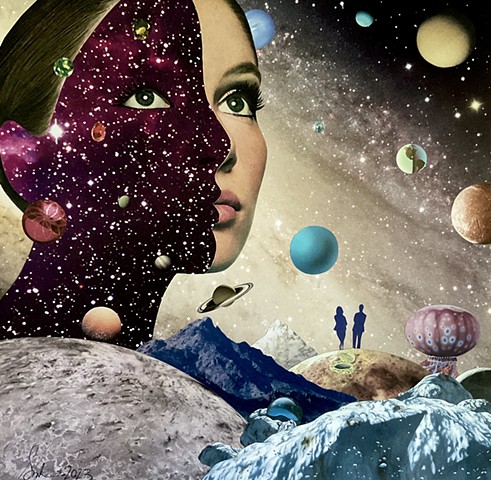 Trippy, psychedelic, cosmic collage art featuring a larger-than-life siren with a soul full of stars, ruling the universe.