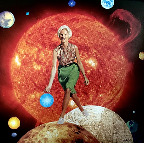 Trippy, psychedelic cosmic original hand-cut collage art, featuring lovely mid-century modern woman, bowling her highest score, in a sunny, starry universe.