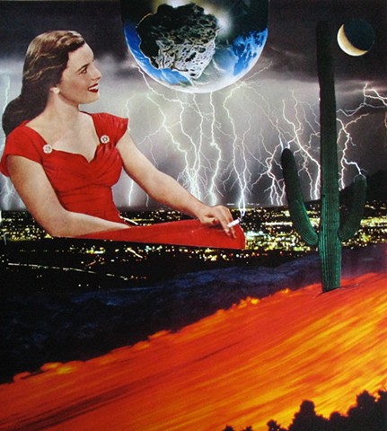 Smoking lady in the red dress lounges during the electrical storm. analog collage, surrealism, shawn marie hardy, collage-a-dada
