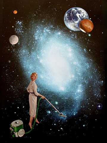 Analog collage featuring woman vacuuming up the milky way's stars in the dark skies of outer space.
